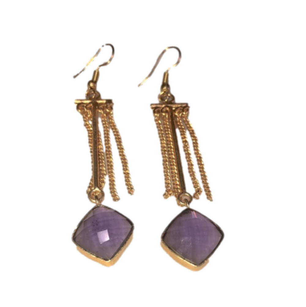 AMETHYST Gold Vermeil Long Chain Tassel Drop Earrings 3”